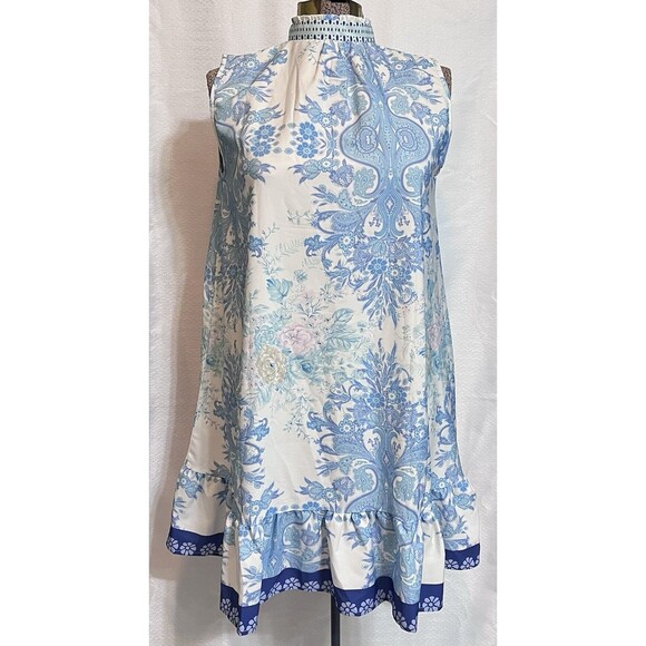Sleeveless Smocked Neck A Line Floral Paisley Womens S Blue Boho Beachy Summer - Picture 1 of 9